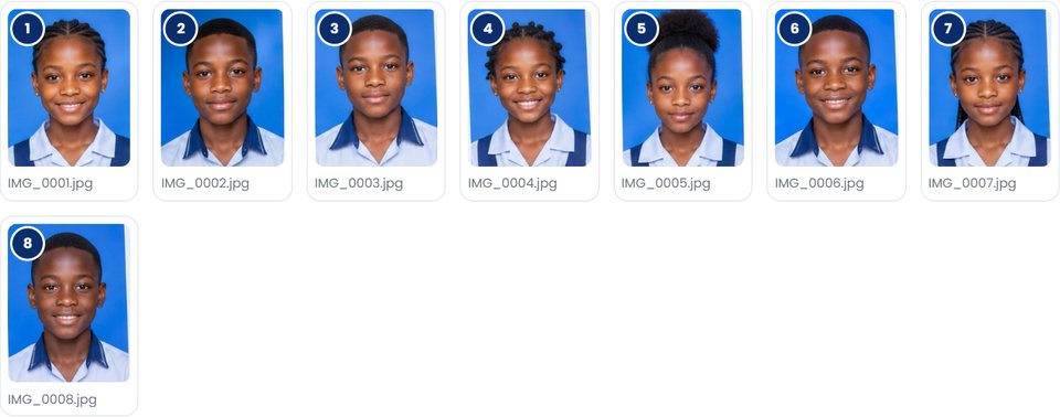 Photos des élèves recadrées, numérotées de 1 à 8 dans l'ordre des noms de fichiers